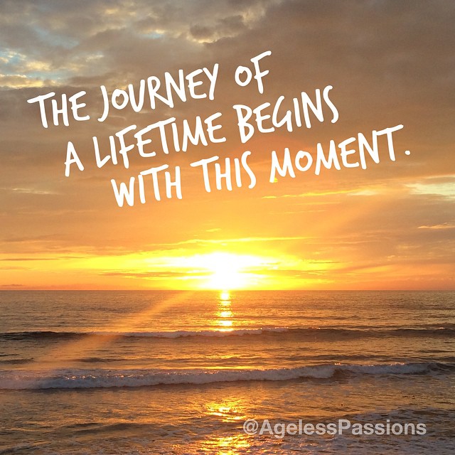 A yellow sunset over the ocean with the words, The Journey of a Lifetime Begins with this Moment.